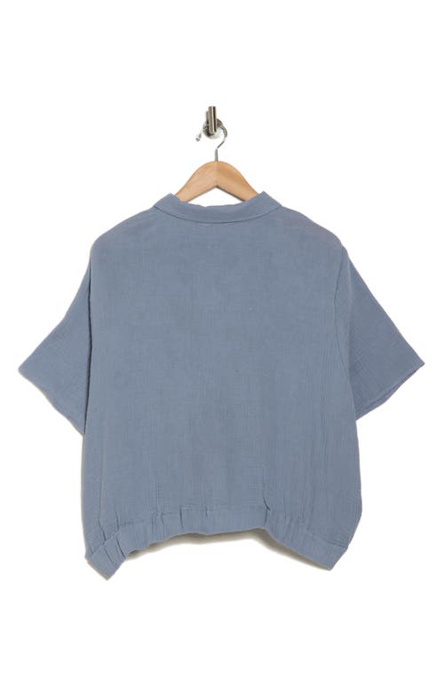 T Tahari Short Sleeve Gauze Tie Camp Shirt In Mid Steel Blue