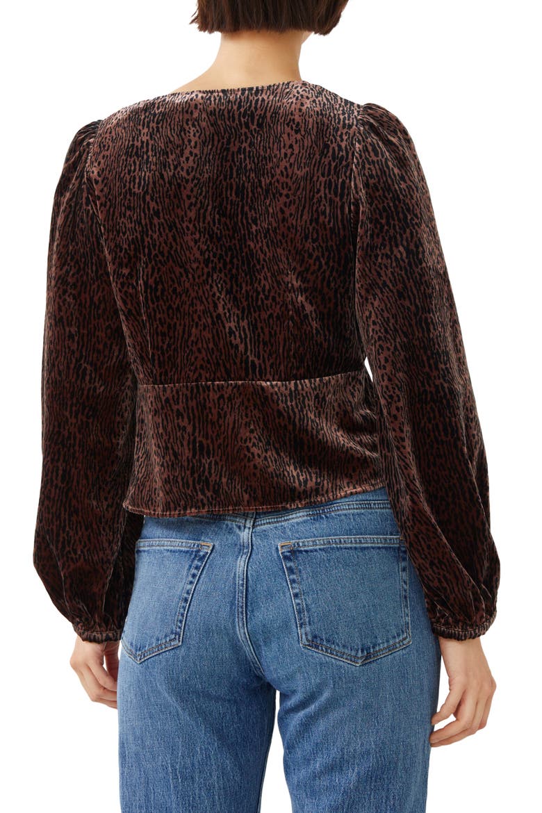 Puff Shoulder Velvet Button-Up Top, Alternate, color, BROWN/ BLACK PAZ AOP