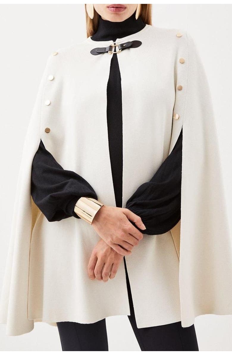 Karen Millen Popper Detail Knit Cape Coat, Alternate, color, Cream