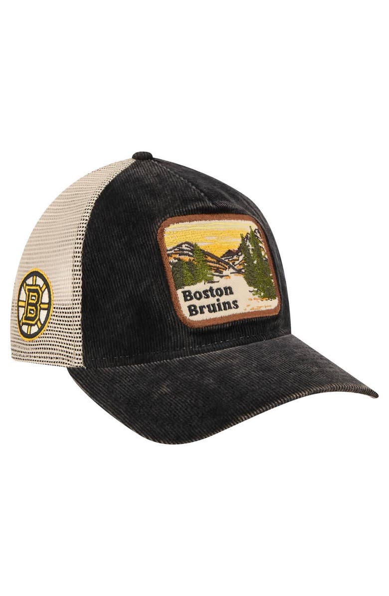 New Era Men's New Era Black/Cream Boston Bruins Vintage Landscape 9TWENTY A-Frame Adjustable Trucker Hat, Main, color, Black