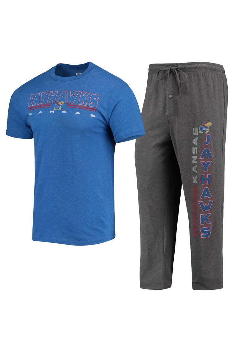 Men's Concepts Sport Heathered Charcoal/Royal Kansas Jayhawks Meter T-Shirt & Pants Sleep Set, Main, color, Heather Charcoal