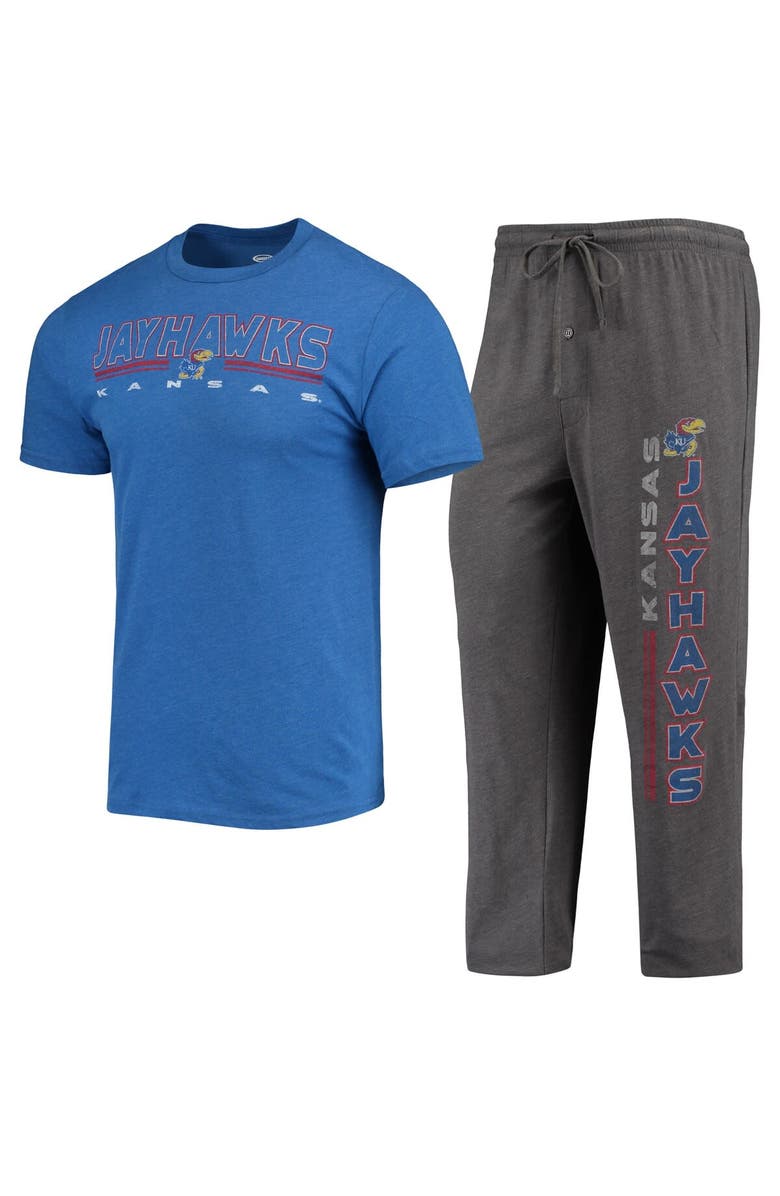 CONCEPTS SPORT Men's Concepts Sport Heathered Charcoal/Royal Kansas Jayhawks Meter T-Shirt & Pants Sleep Set, Main, color,