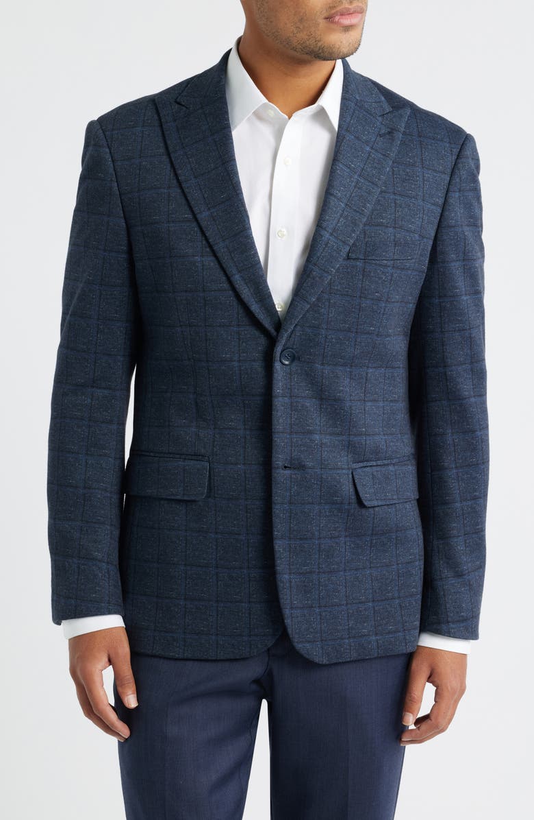 DANIEL HECHTER Navy Shadow Check Slub Cotton Blend Sport Coat, Main, color, Blue