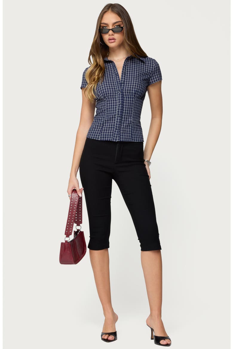 Oriya Gingham Button-Up Blouse, Alternate, color, NAVY