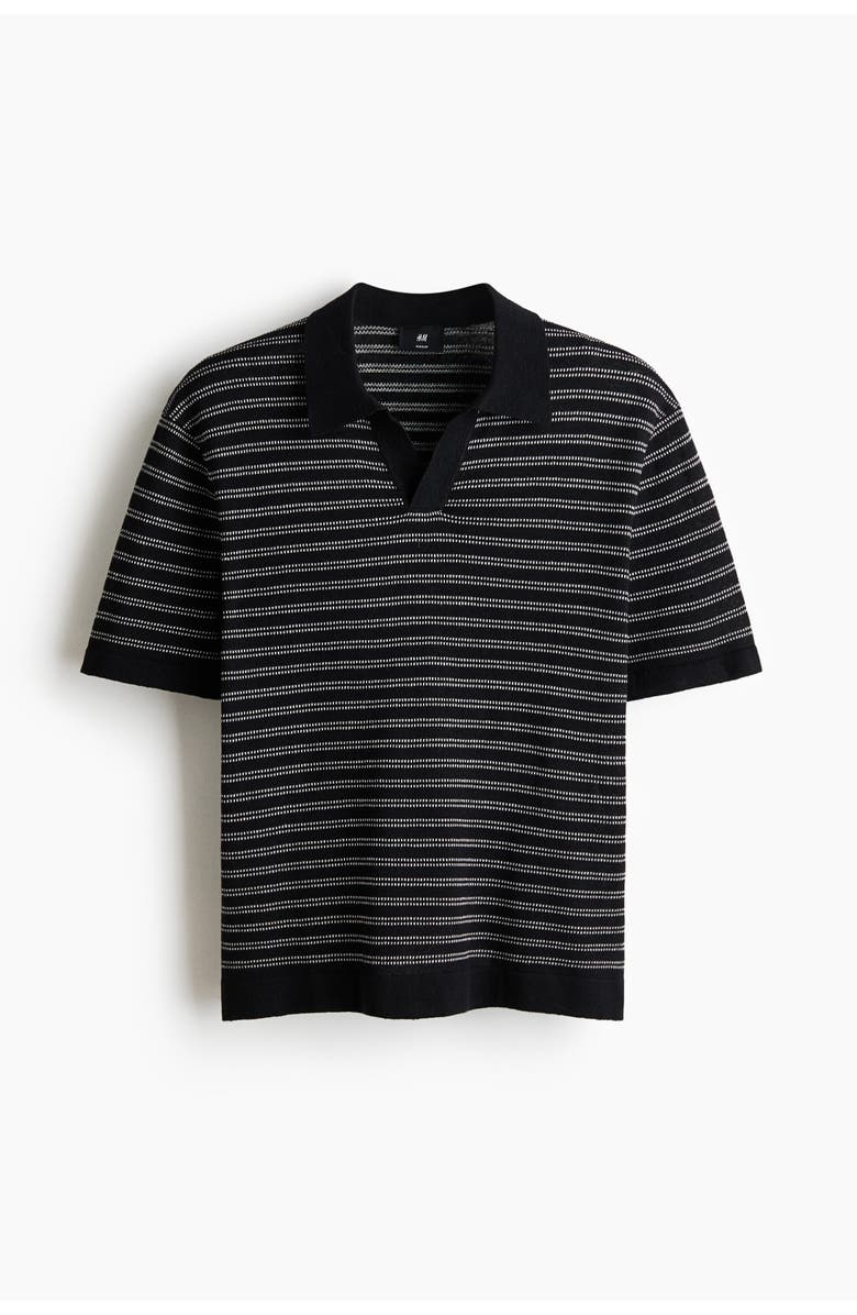 H&M Regular Fit Linen-blend Polo Shirt, Main, color, Black/Striped