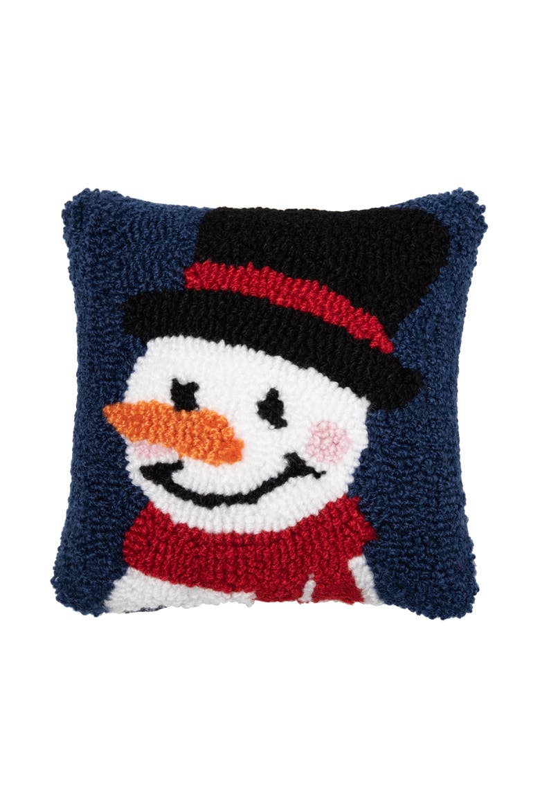 Christmas Snowman Wishes Mini Hooked Accent Pillow 8" x 8", Main, color, Blue