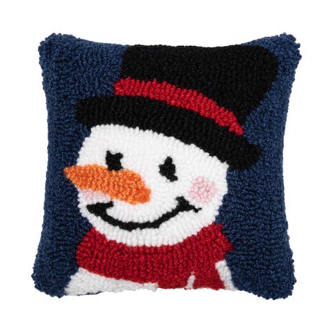 Christmas Winter Snowman Wishes Snowman Face on Black Background Small Petite Accent Hooked Pillow, 8" x 8"