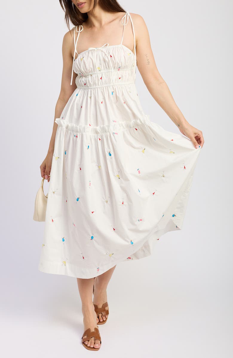 En Saison Nellie Embroidered Tiered Cotton Poplin Sundress, Main, color, White Pink Multi