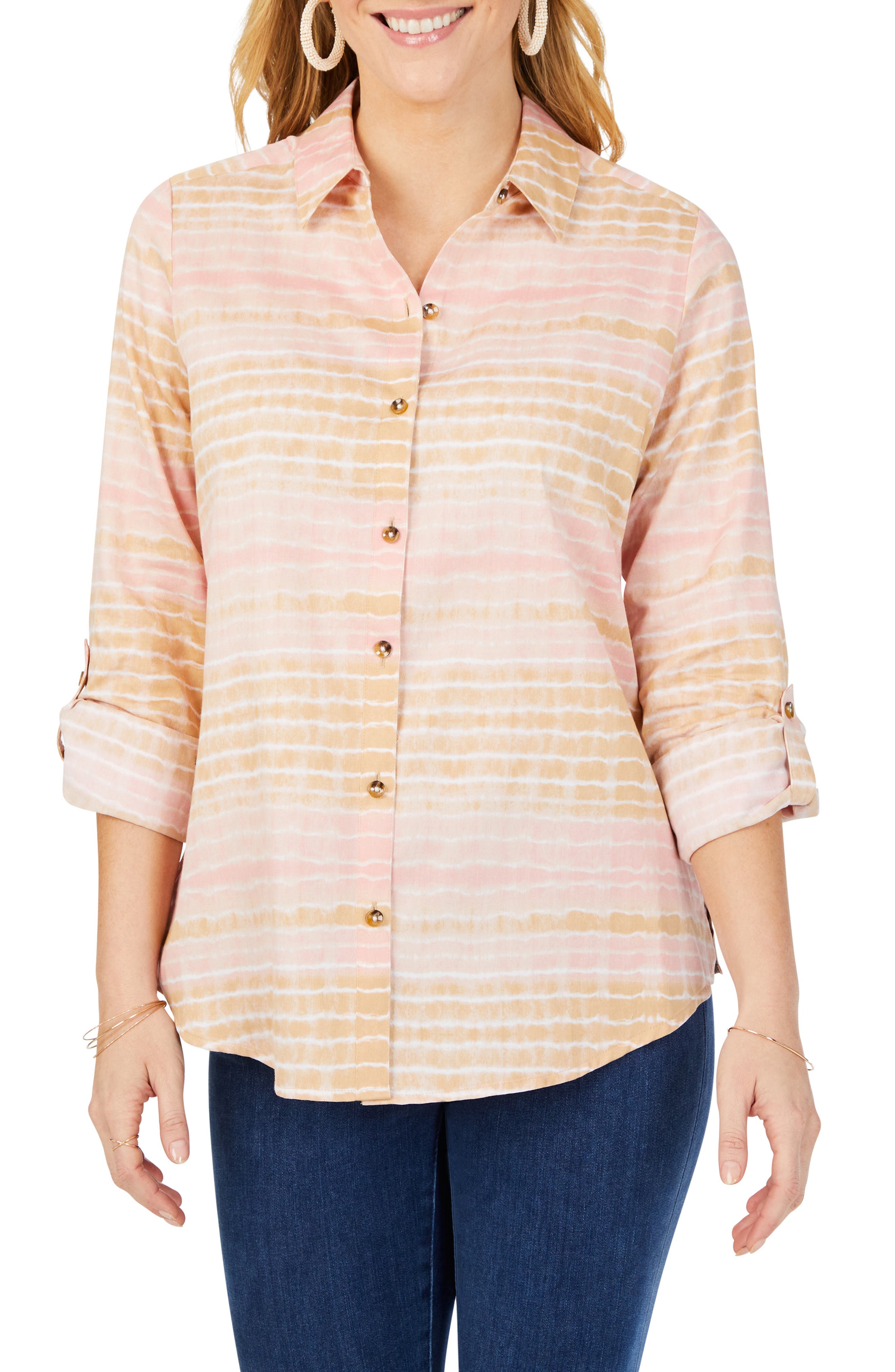 Foxcroft Zoey Northern Lights Tie Dye Cotton Sateen Button-Up Shirt