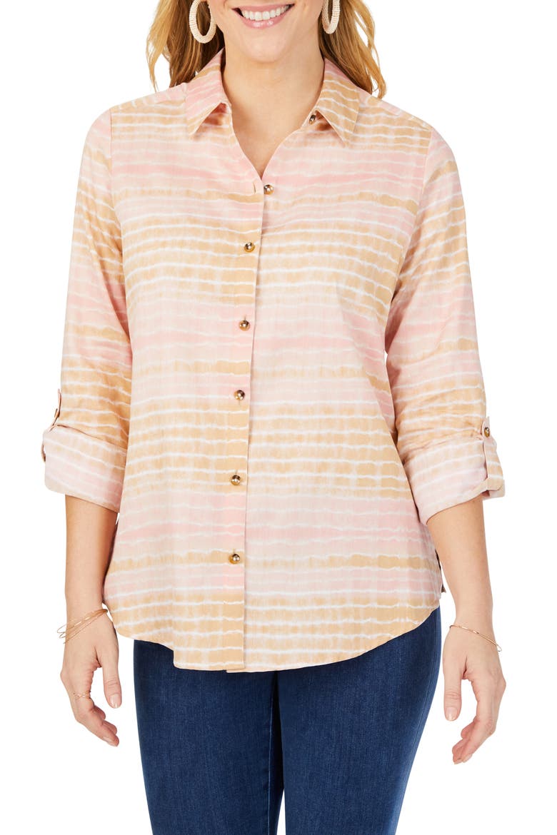 Zoey Northern Lights Tie Dye Cotton Sateen Button-Up Shirt, Main, color, PINK WHISPER