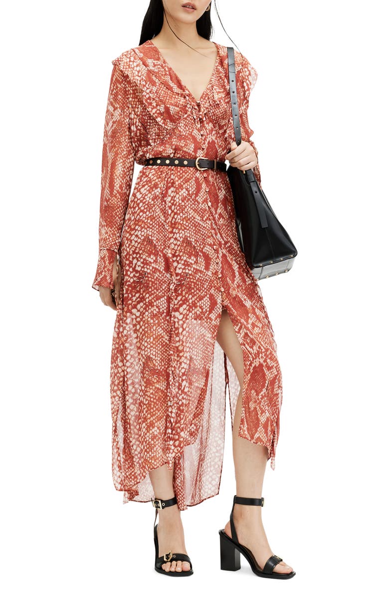 AllSaints Liana Waimea Snakeskin Print Long Sleeve High-Low Dress, Alternate, color, 