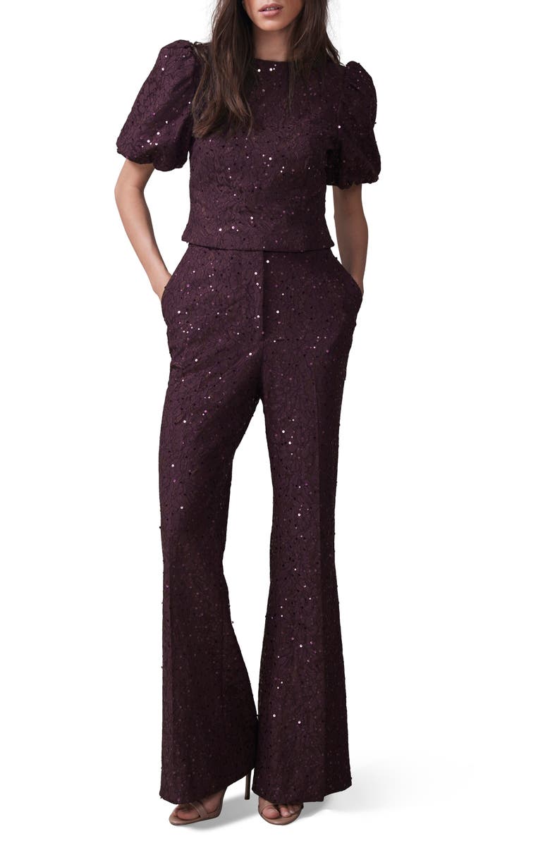 MINT VELVET Sequin Lace Flared Trousers, Alternate, color, Burgundy