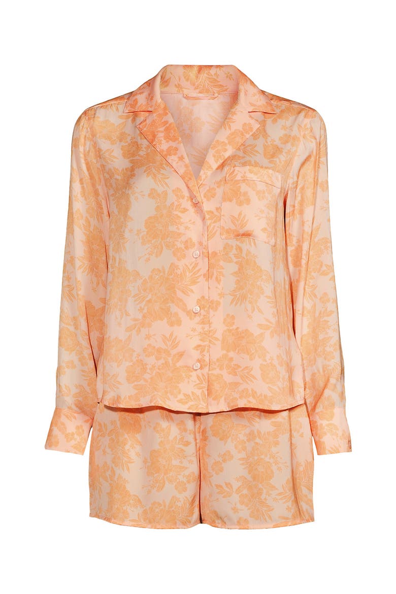 Plus Size Matte Satin 2 Piece Pajama Set - Long Sleeve Top and Shorts, Alternate, color, Orange Mist Romantic Floral
