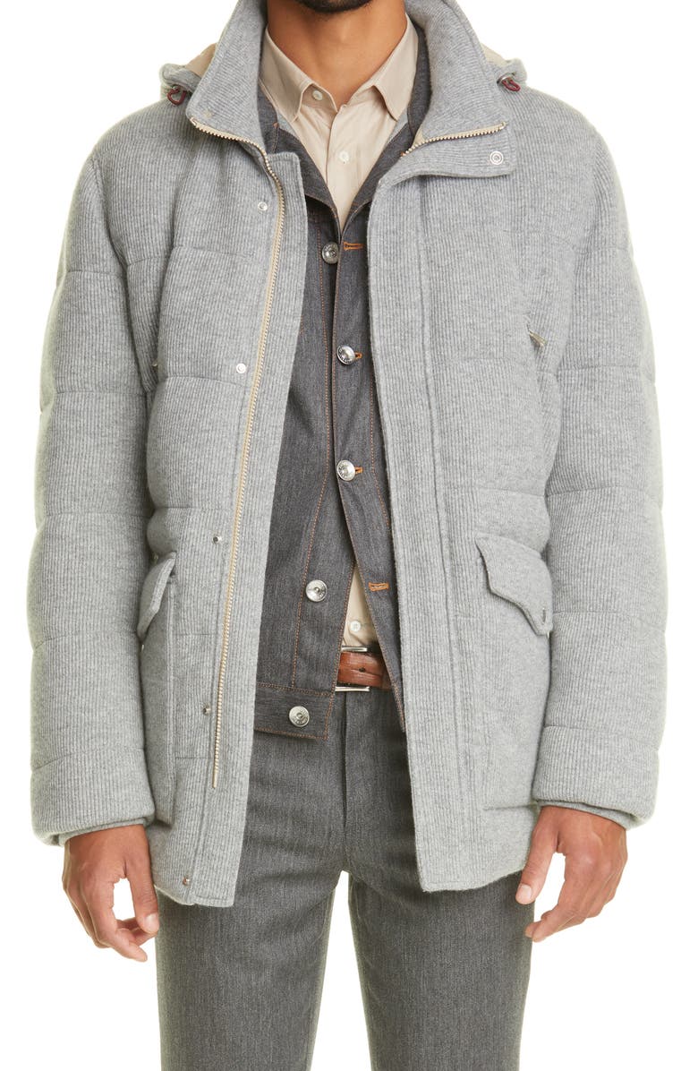 Brunello Cucinelli Rib Cashmere Down Hooded Parka, Main, color, 