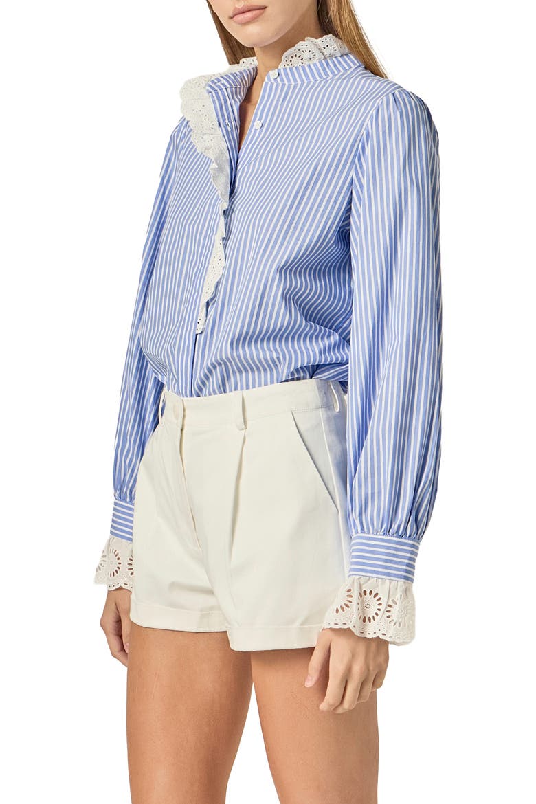 Stripe Scalloped Lace Trim Button-Up Shirt, Alternate, color, BLUE/ WHITE STRIPE