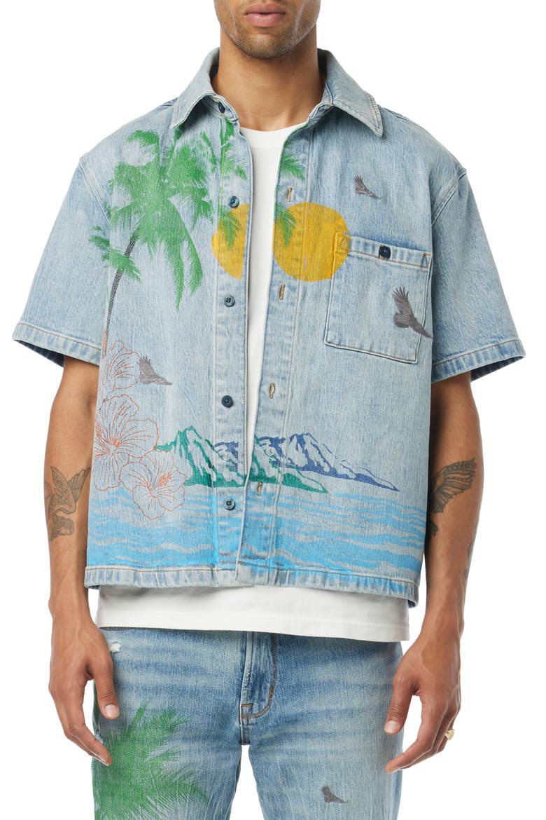 Cotton Denim Graphic Camp Shirt, Main, color, INDIGO PALM