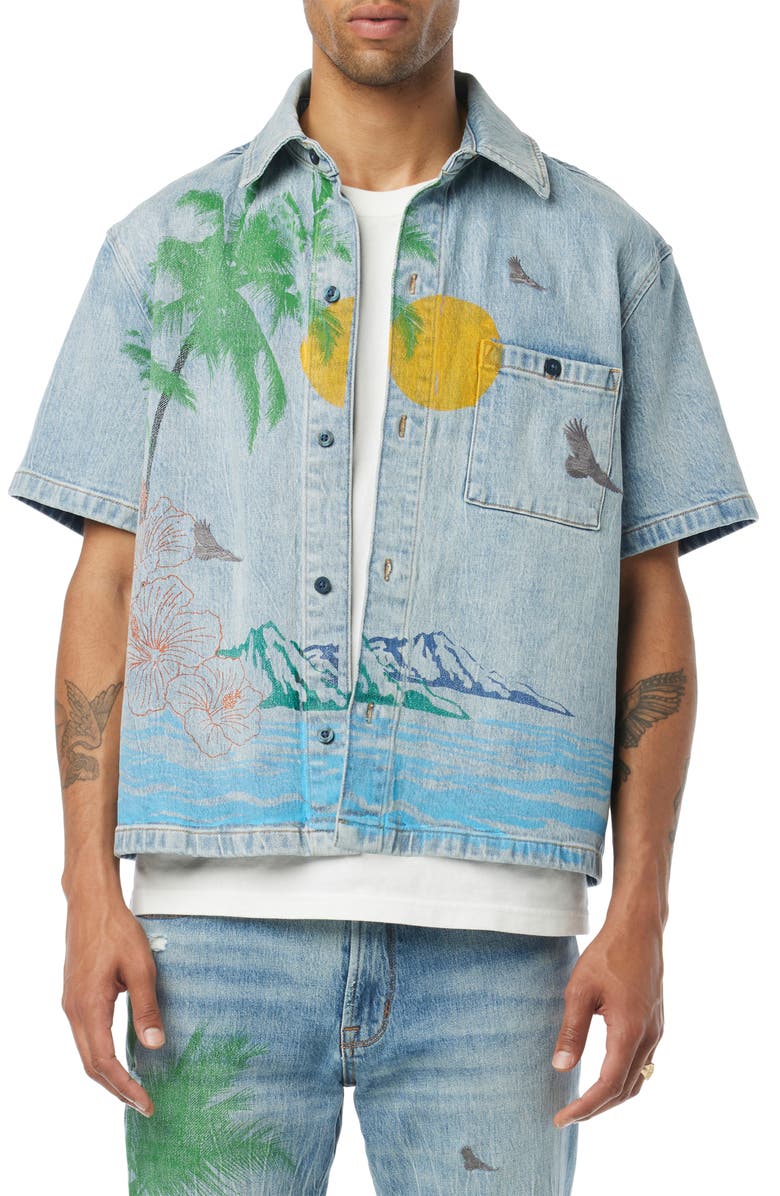 Hudson Jeans Cotton Denim Graphic Camp Shirt, Main, color, 