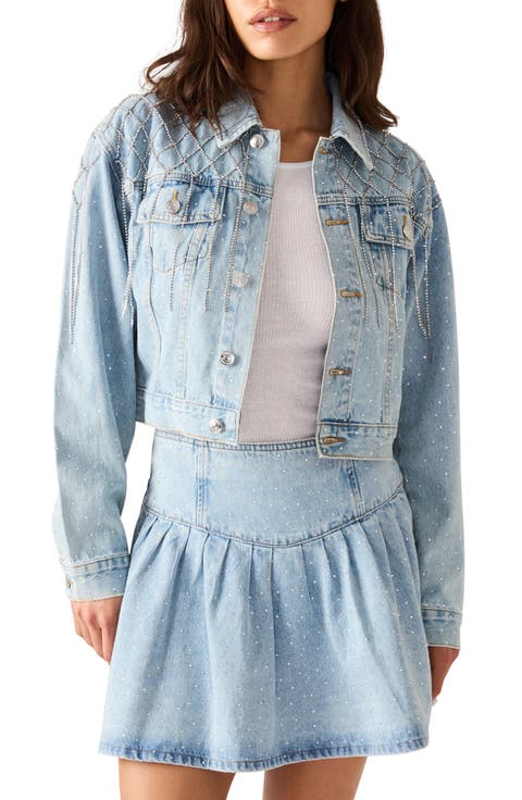 Diamondine Rhinestone Fringe Denim Jacket (Delft)