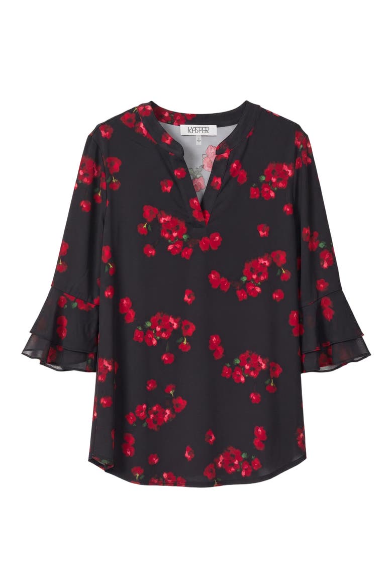 Floral Split Neck Flutter Sleeve Tunic, Alternate, color, BLACK MULTI