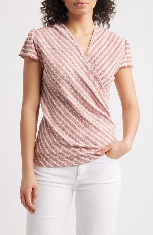 Loveappella Puckered Stripe Wrap Front Top In Blush