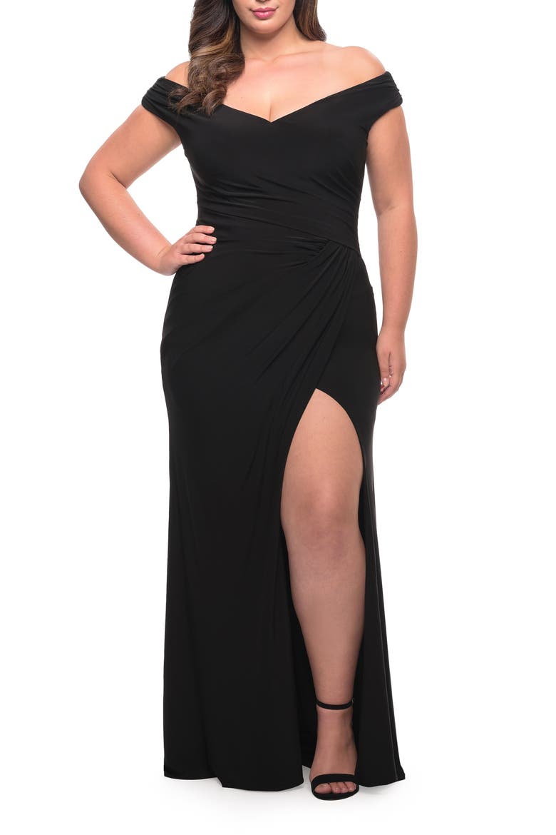 Matte Jersey Long Plus Dress with Ruching and Slit, Alternate, color, BLACK