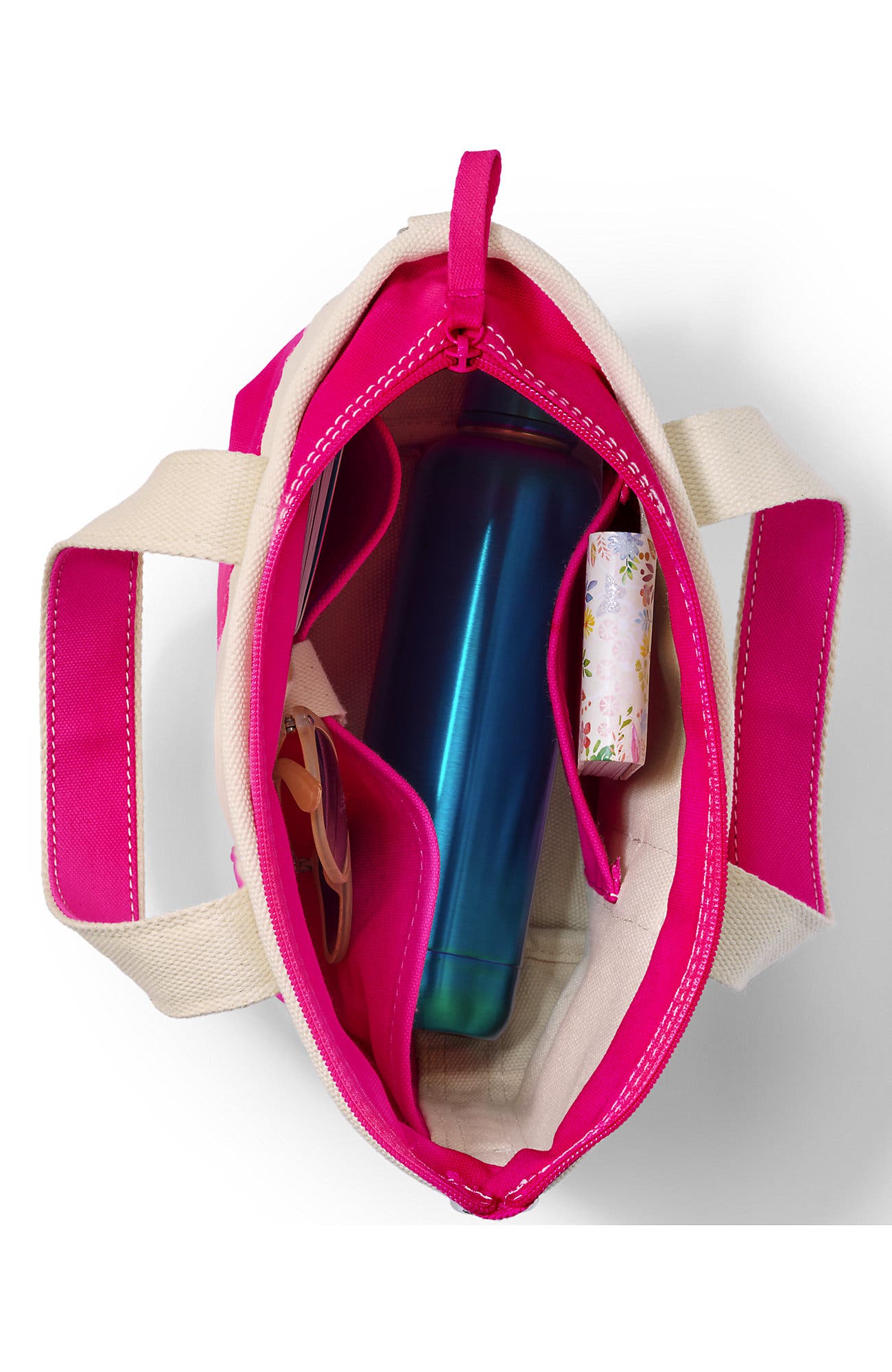 Lands' End Zip Top Long Handle Canvas Tote Bag, Alternate, color, Natural/Hot Pink