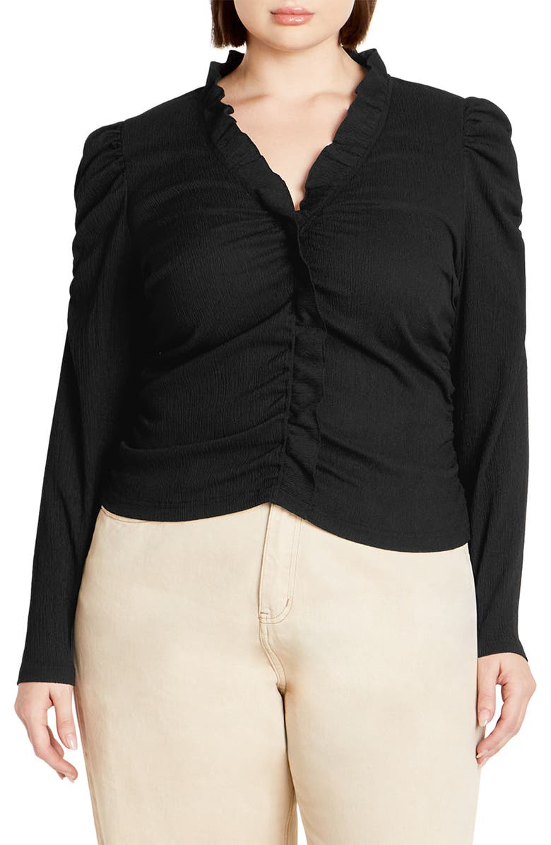 City Chic Anika Ruffle Trim Ruched Top, Main, color, Black