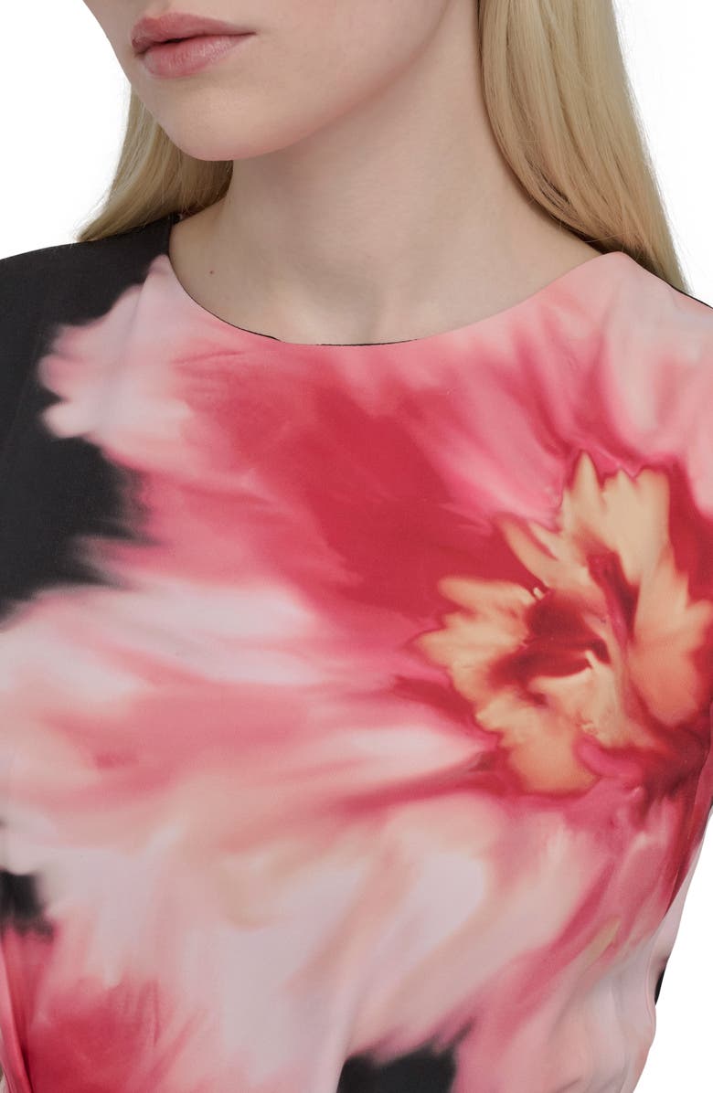 DKNY Floral Cap Sleeve Belted Midi Dress, Alternate, color, Black/ Pink Multi