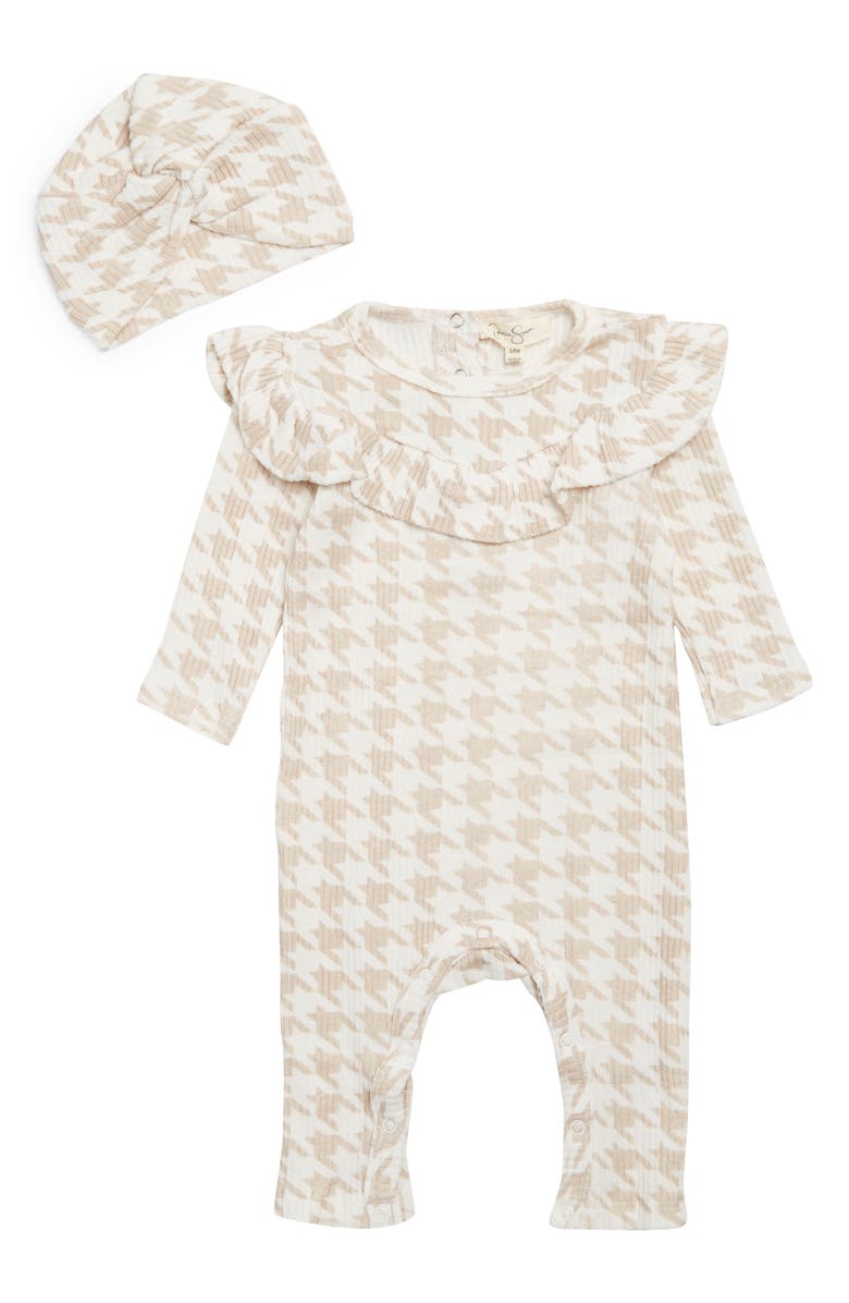 Jessica Simpson Houndstooth Long Sleeve Romper & Hat Set, Main, color, 