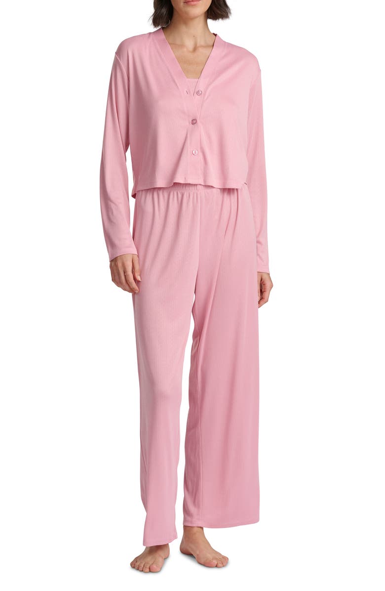 Splendid Pointelle Cardigan, Camisole & Pants Pajamas, Main, color, Pink Nectar