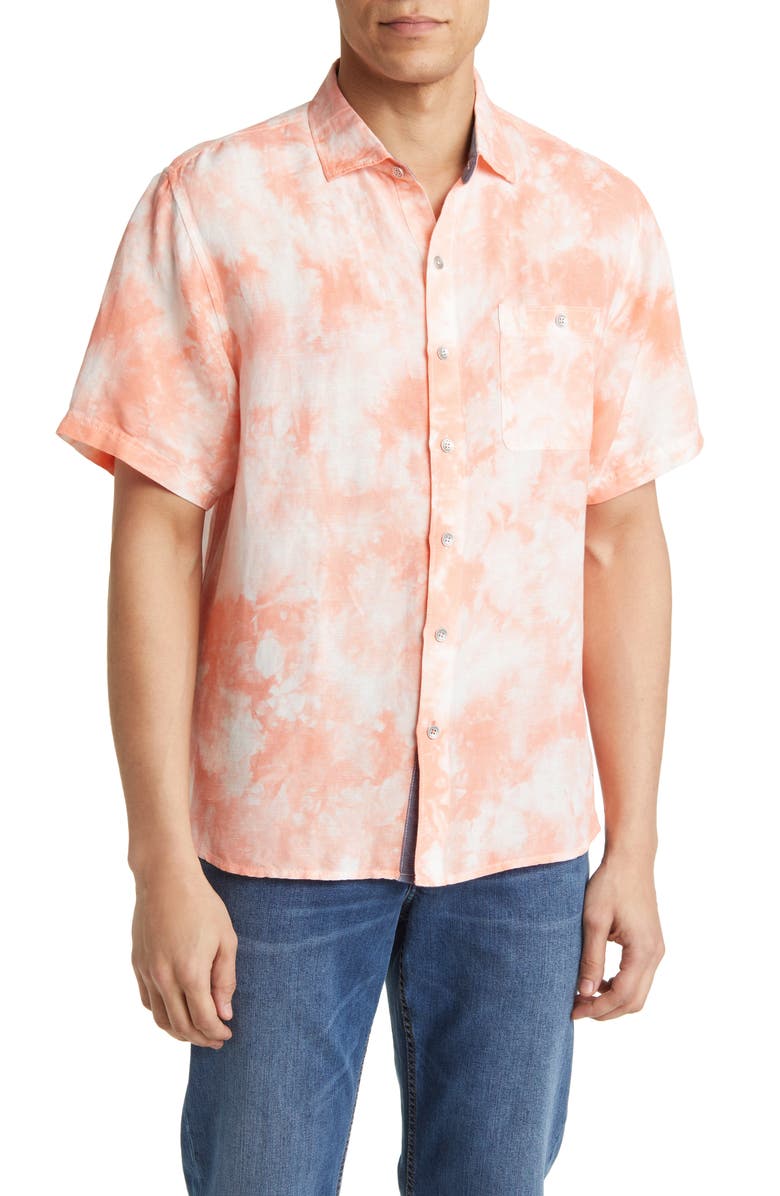 Tommy Bahama Poolside Tie Dye Short Sleeve Big & Tall Linen Blend Button-Up Shirt, Main, color, Light Parisian