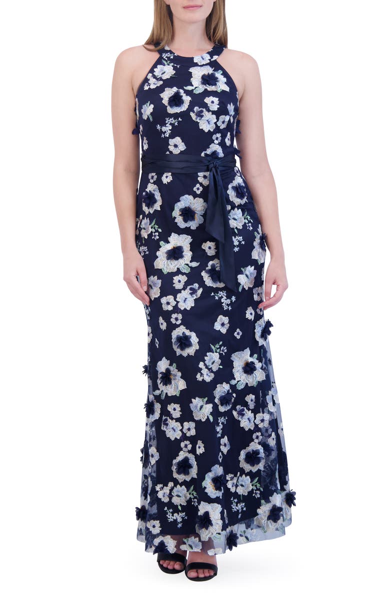 Eliza J Embroidered Floral Appliqué Halter Neck Gown, Main, color,