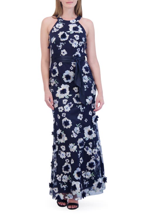 Embroidered Floral Appliqué Halter Neck Gown