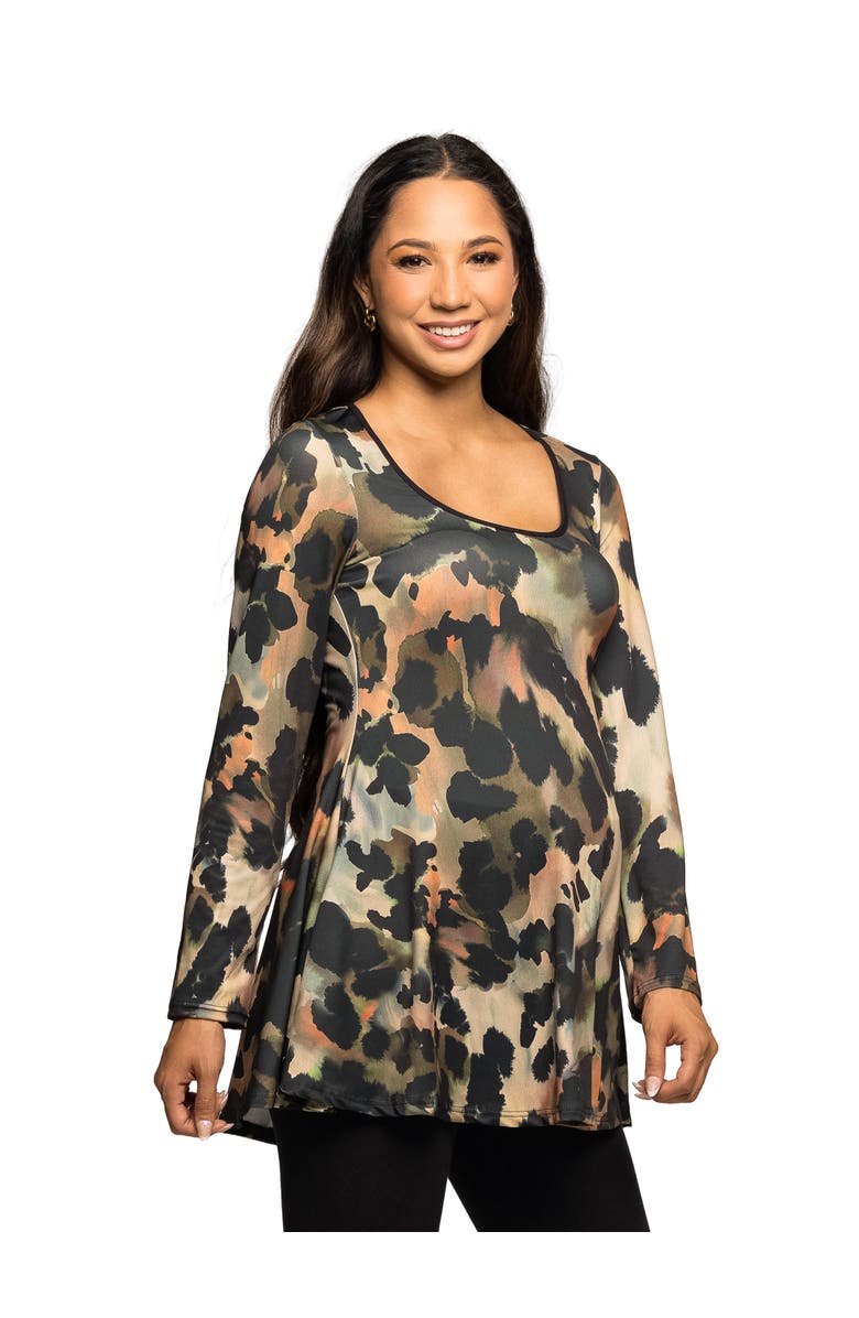 24seven Comfort Apparel Long Sleeve Scoop Neck A-Line Top, Alternate, color, Green Multi