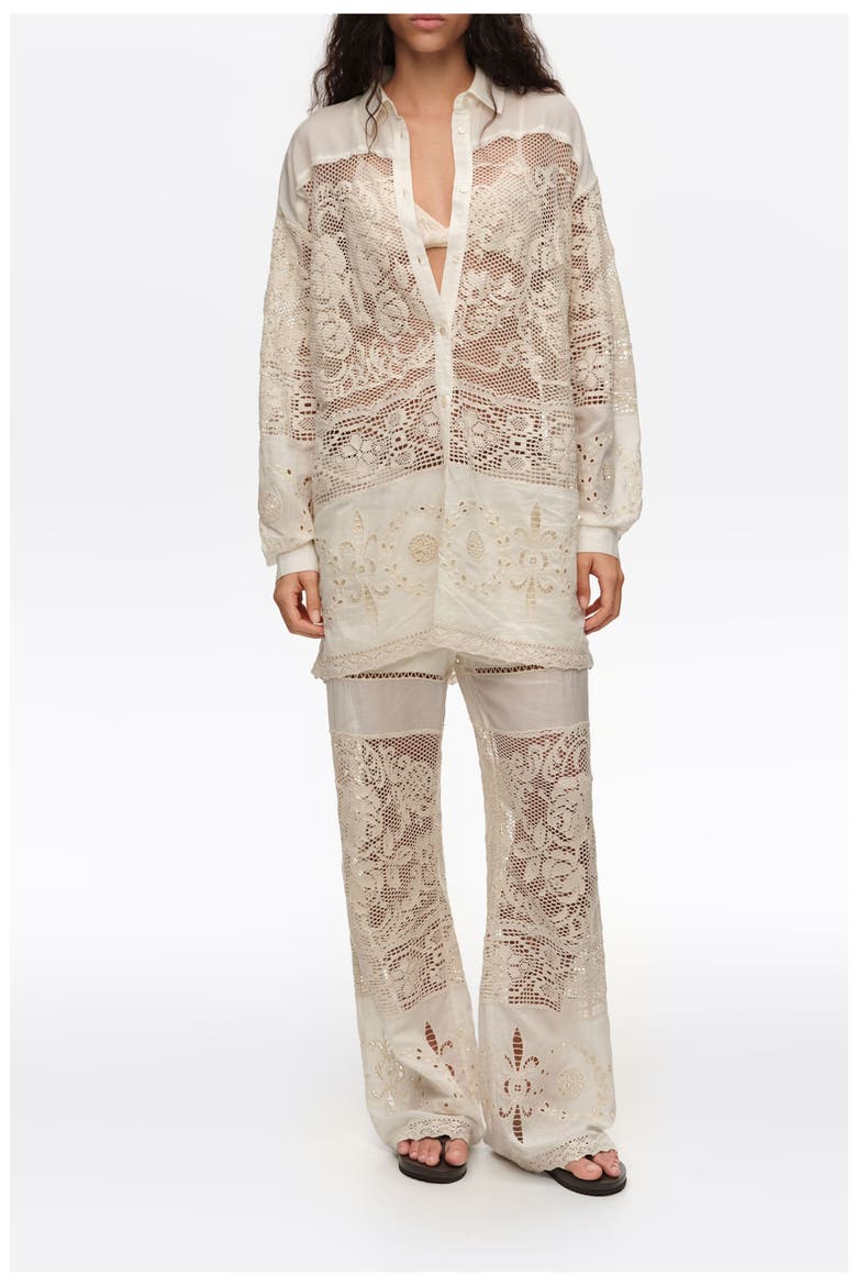 Trousers With Embroidery And Openwork, Main, color, ECRU