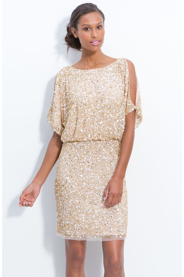 Bloused Sequin Cold Shoulder Dress, Main, color, CHARCOAL