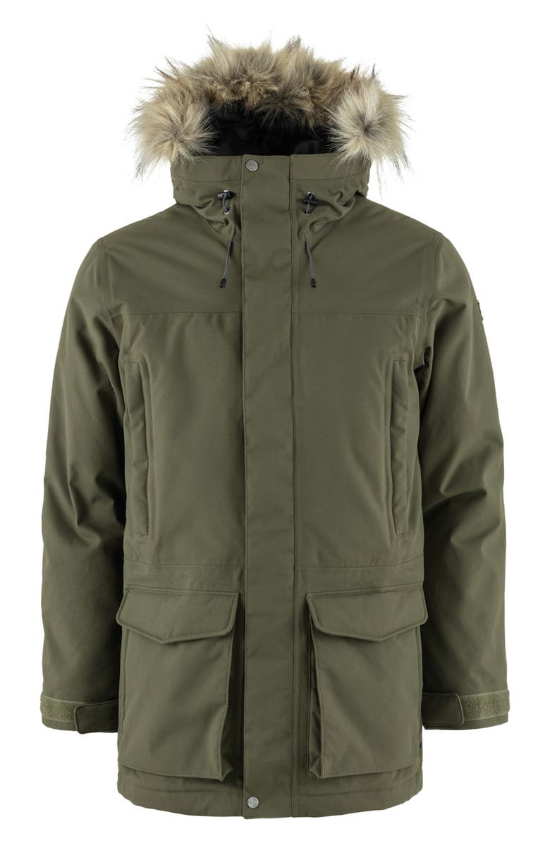 Fjällräven Nuuk Lite Waterproof Parka With Faux Fur Trim, Main, color, Laurel Green