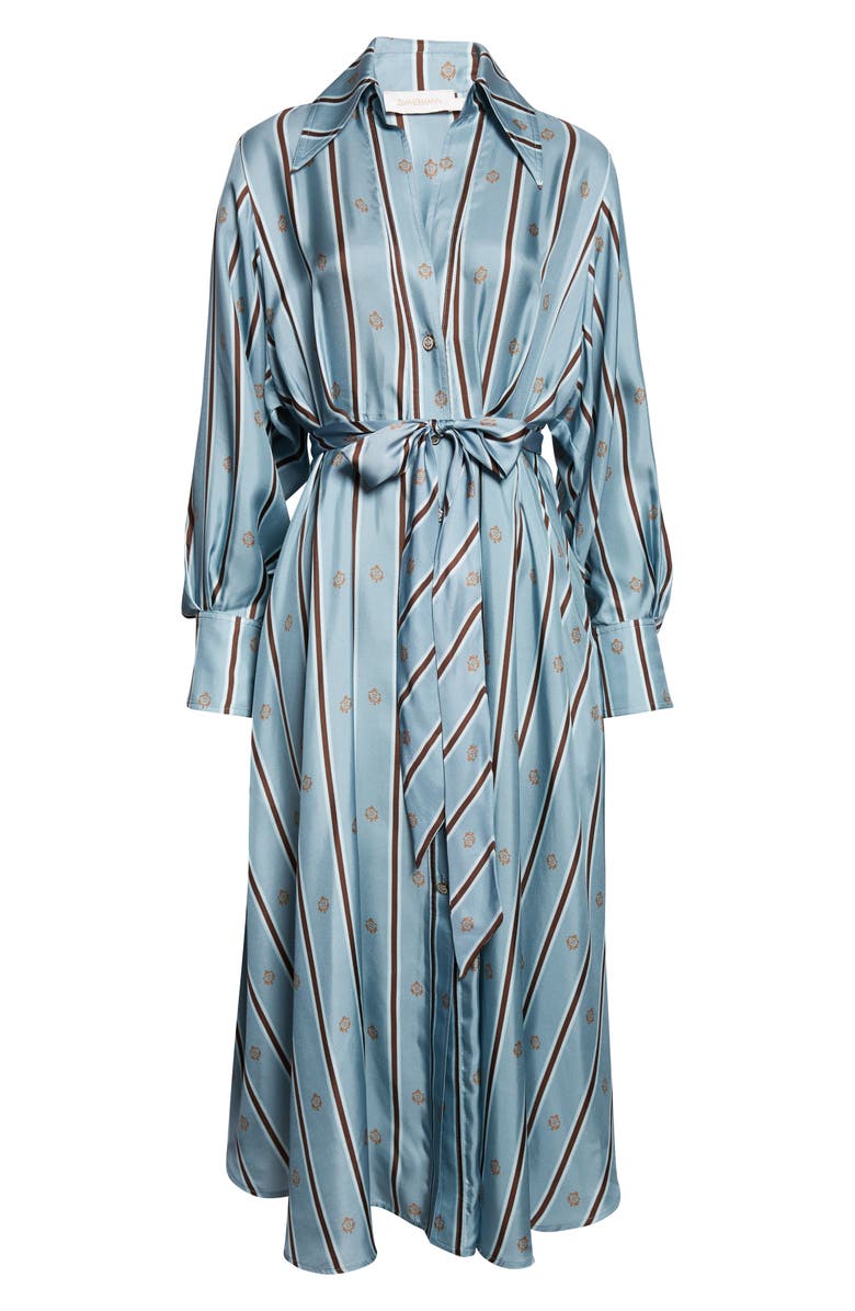 Zimmermann Emblem Tuck Long Sleeve Belted Midi Silk Shirtdress, Alternate, color, Blue Emblem