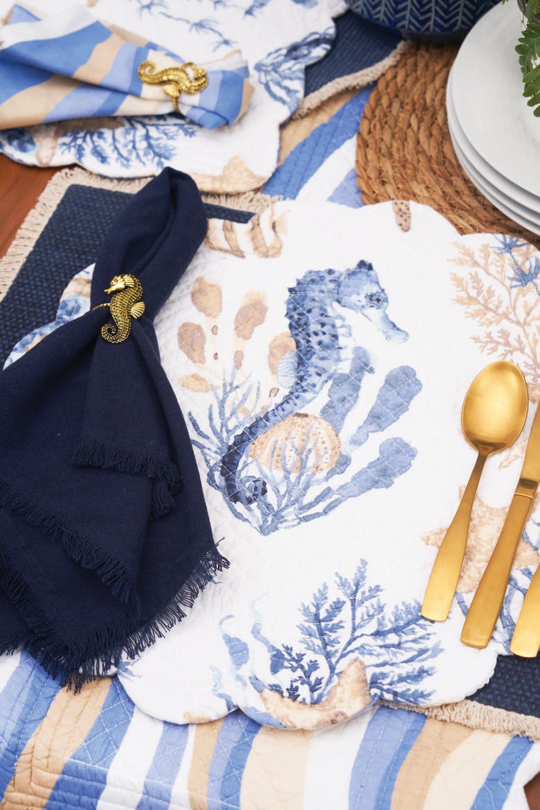 Seahorse Sands Reversible Graphic Print Machine Washable Scallop Quilt Table Runner 14" x 51", Alternate, color, Blue