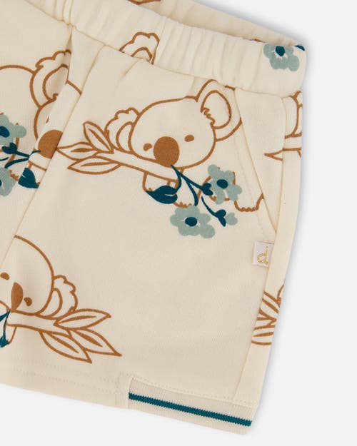 Deux Par Deux Girl's Printed French Terry Short Off-white And Koala In Off-white And Koala