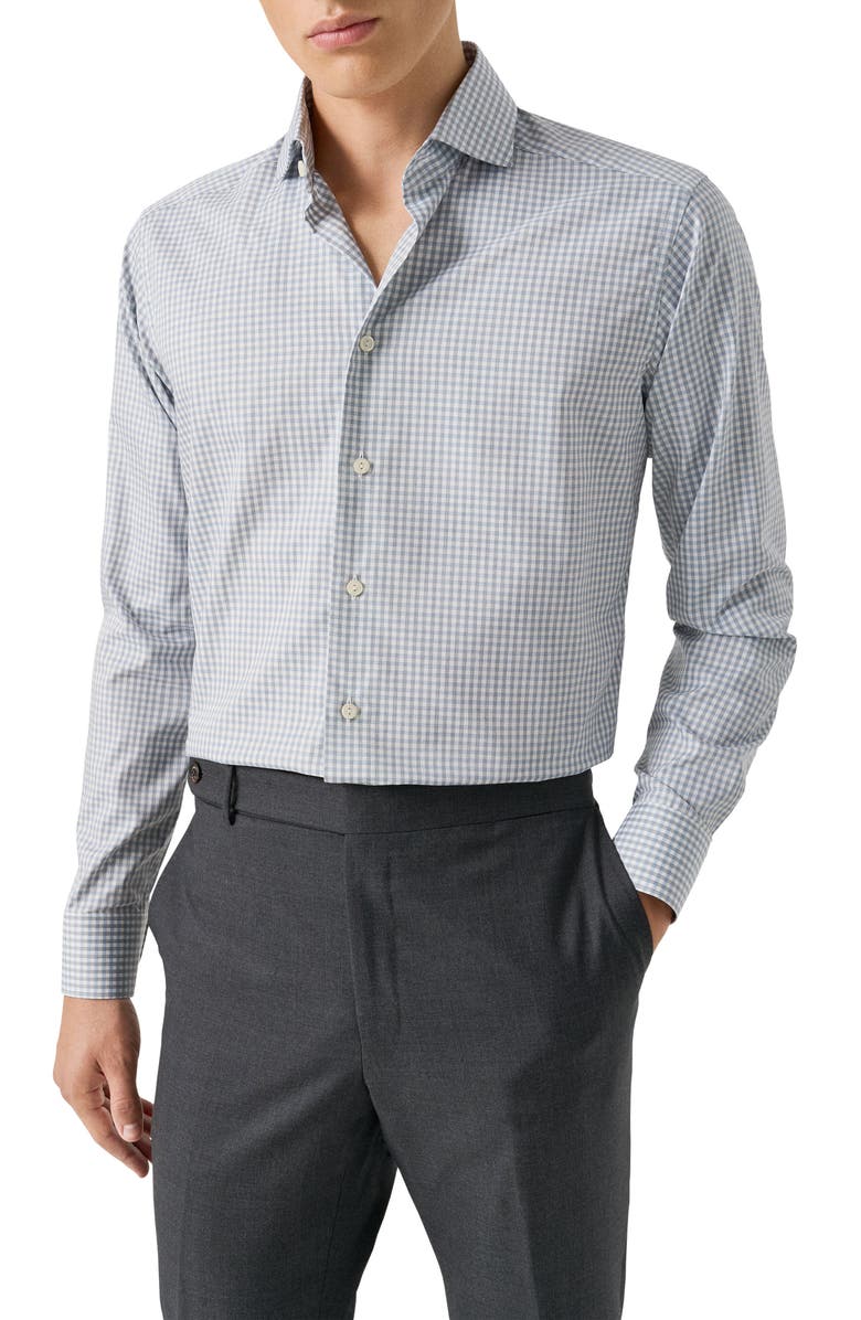 Eton Contemporary Fit Mélange Check Dress Shirt, Main, color, Medium Blue