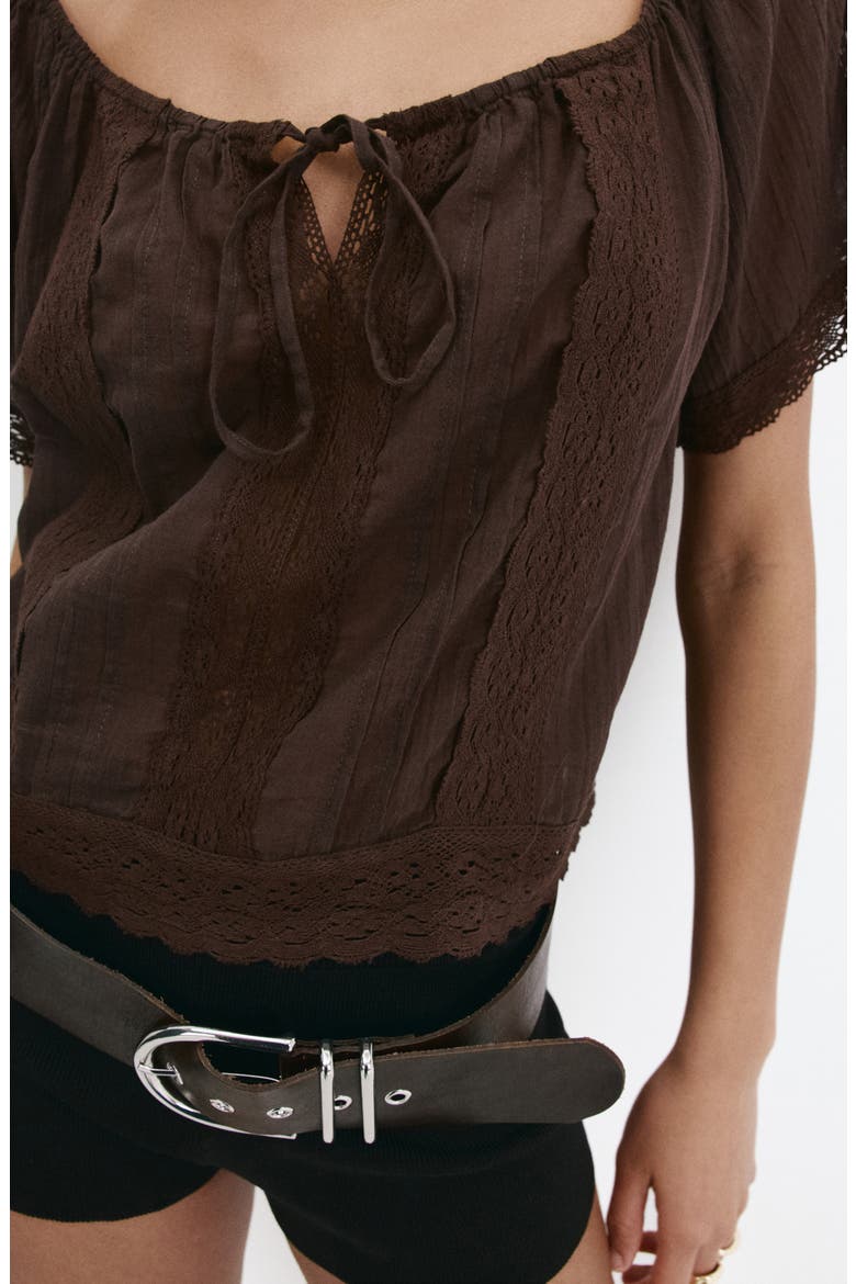 Pintuck Lace Trim Cotton Shirt, Alternate, color, BROWN