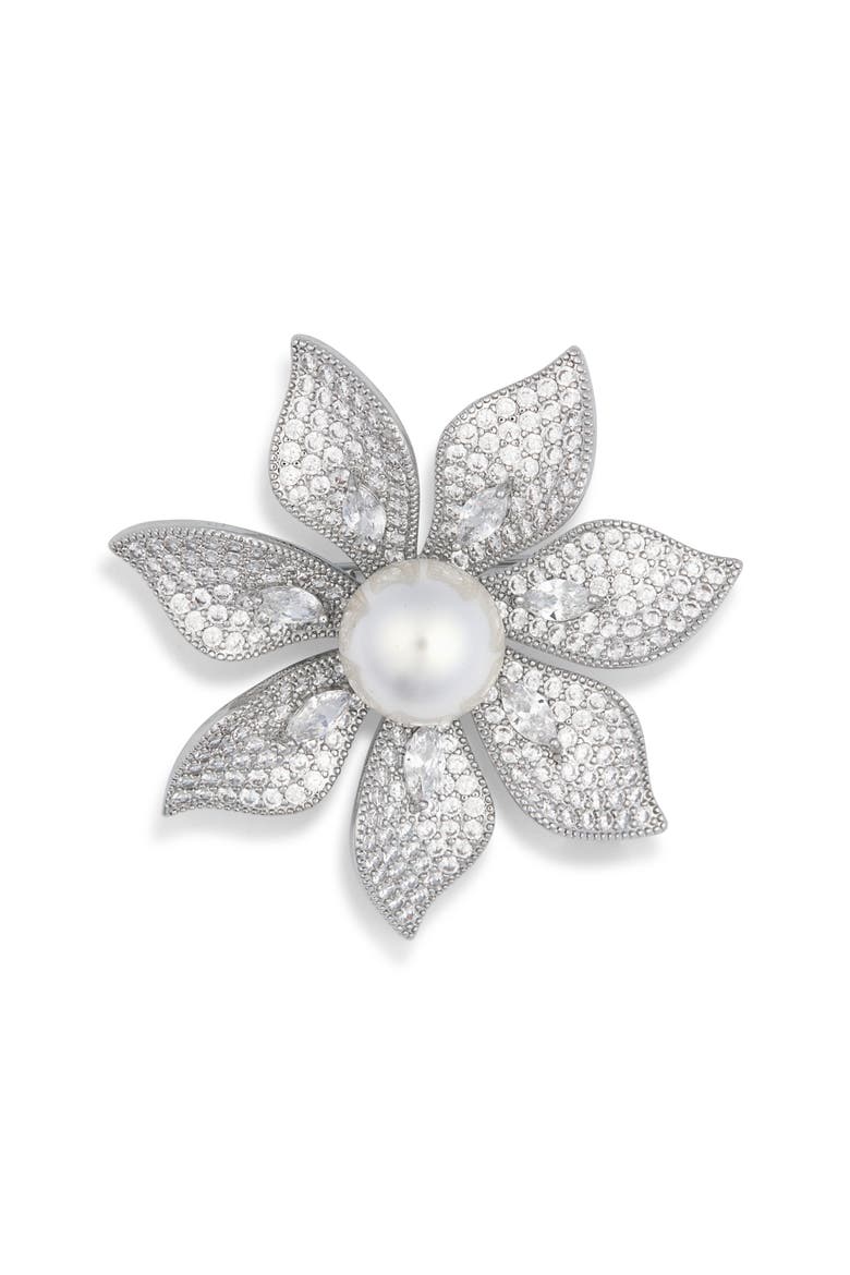 Harmony CZ & Faux Pearl Flower Brooch, Main, color, SILVER