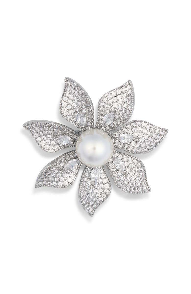 EYE CANDY LOS ANGELES Harmony CZ & Faux Pearl Flower Brooch, Main, color, Silver