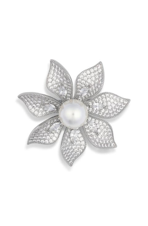 Harmony CZ & Faux Pearl Flower Brooch