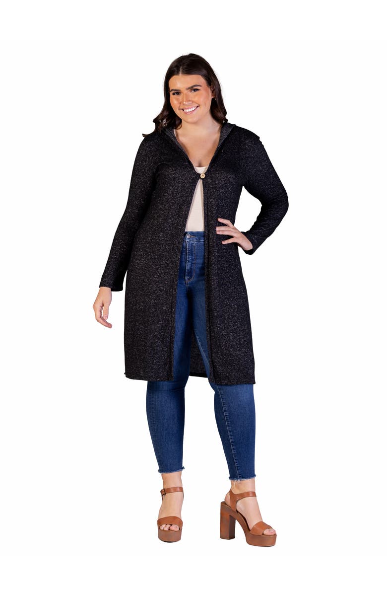 24seven Comfort Apparel Knee Length Long Sleeve Hooded Cardigan Shrug, Main, color, Black