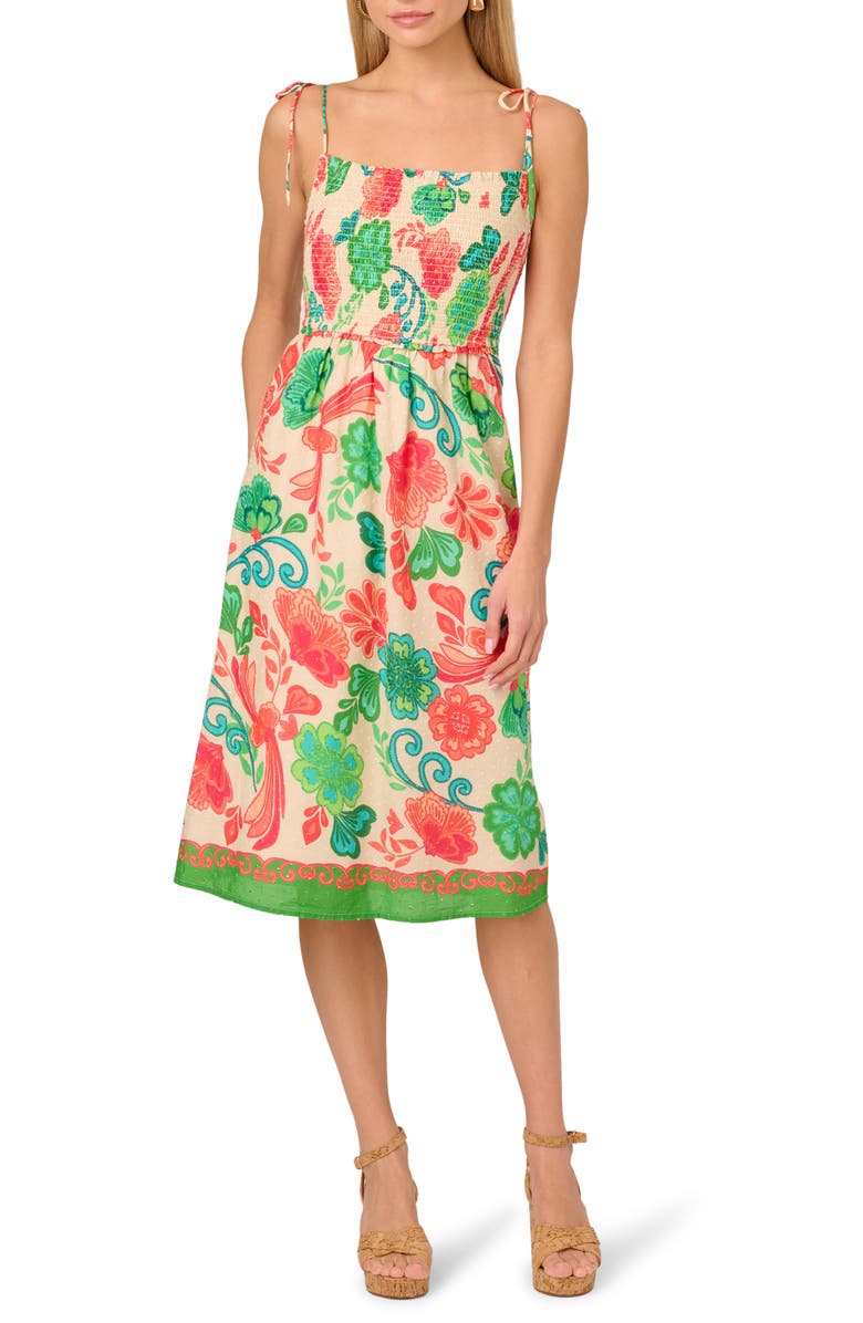 Adrianna Papell Print Smocked Tie Strap Dress, Main, color, 