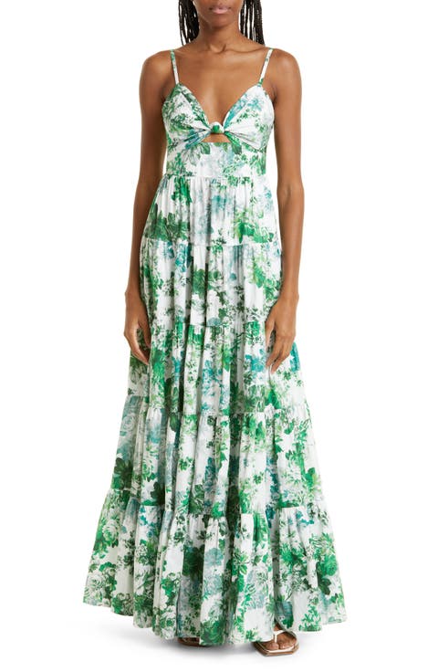 Delilah Tiered Floral Print Cutout Cotton Poplin Maxi Dress