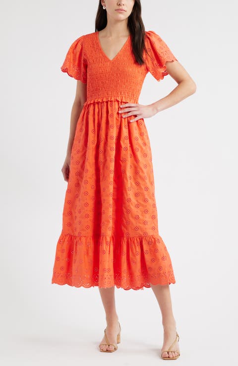 Eyelet Smocked Flutter Sleeve Maxi Dress