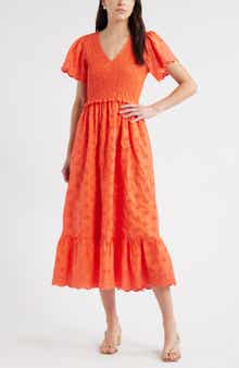 Caslon® Eyelet Smocked Flutter Sleeve Maxi Dress